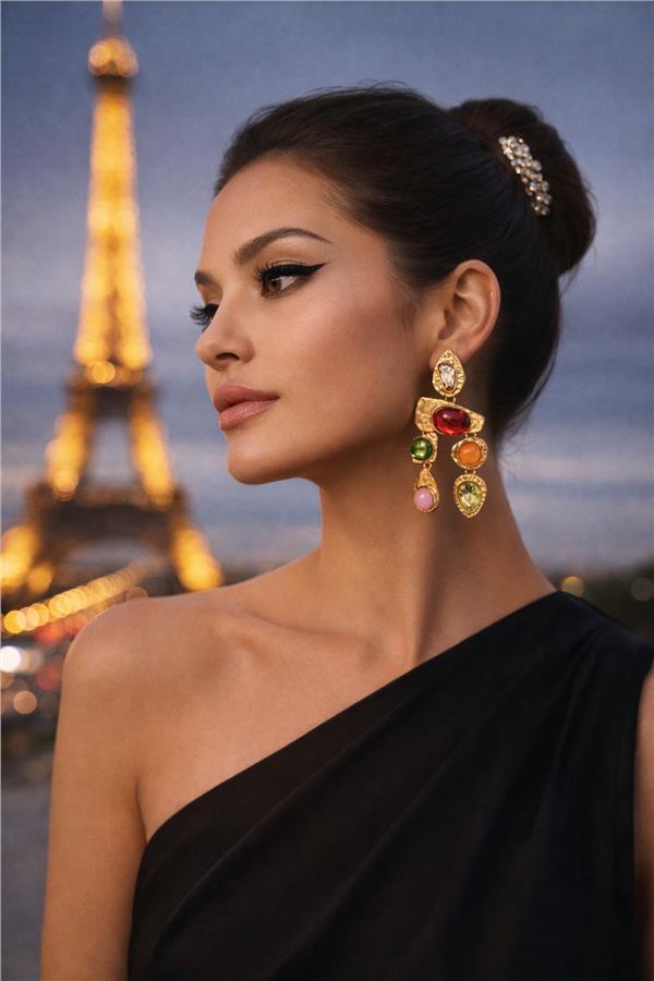 Adel Gold Renk Zemin Üzerine Renkli Taşlı Sallantılı Küpe